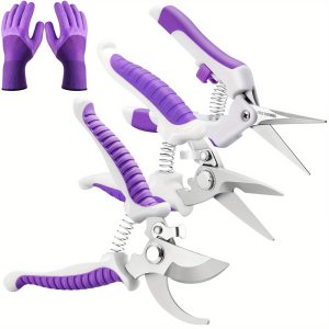 Muerk Garden Pruning Shears, Bypass Hand Pruner Stainless Steel Gardening Scissor, Tree Cutter Clippers Secateur Trimmer Kit Set of 3 with Gardening Gloves, Purple